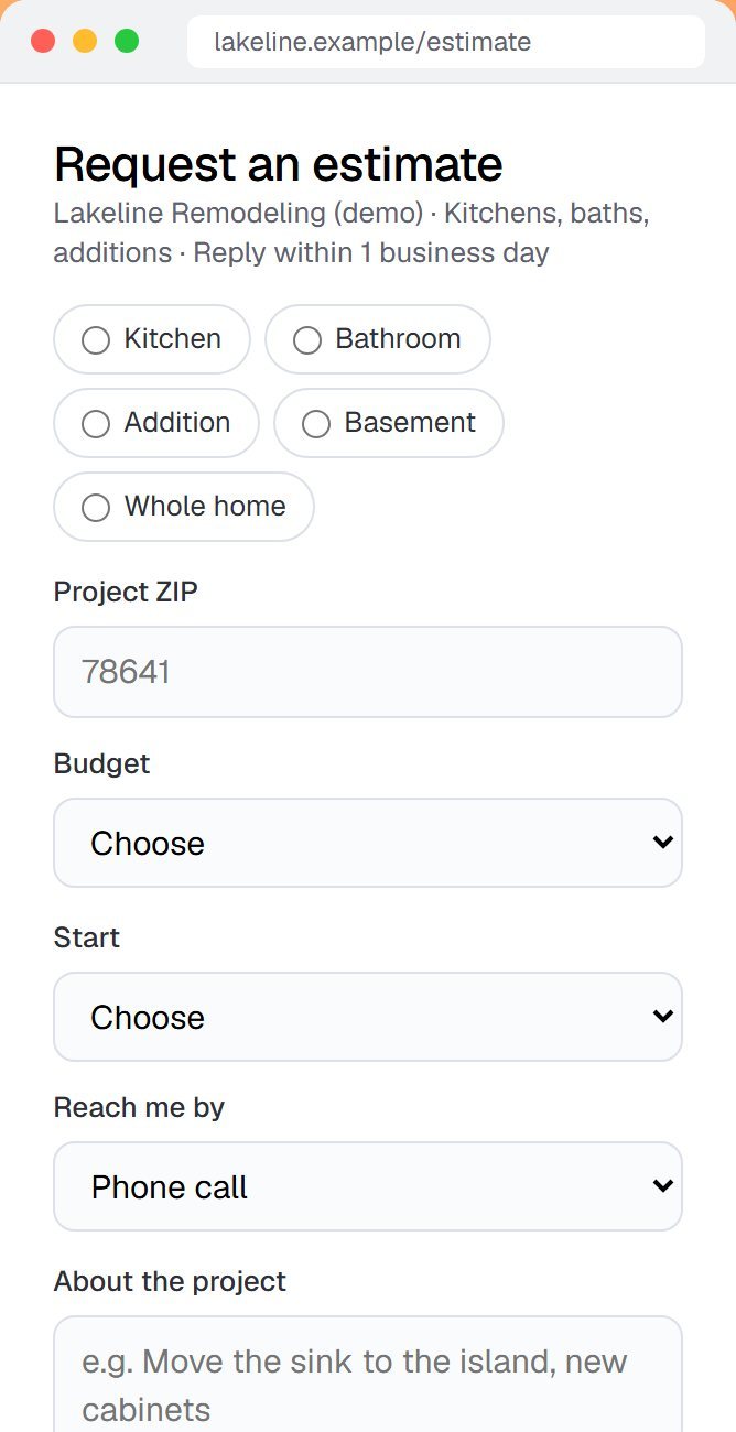 Demo estimate request form on a phone; made-up company, test data.